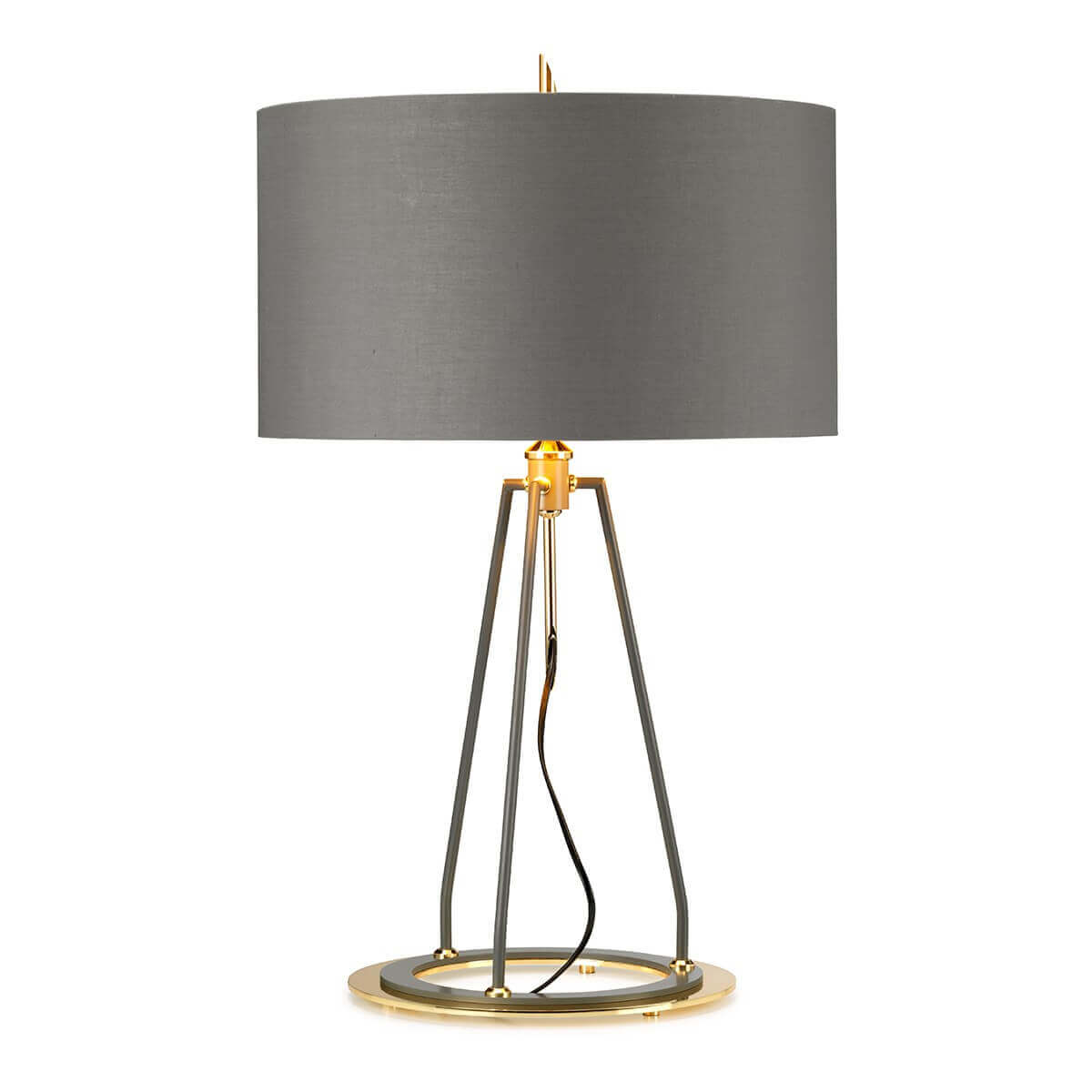 Lampe à poser de face, abat-jour rond gris et structure tripode dorée