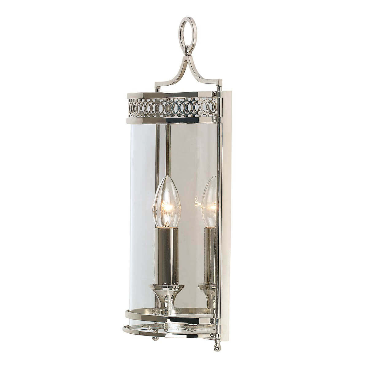 Vue de face de l'applique murale en nickel poli, verre cylindrique et ampoule allumée