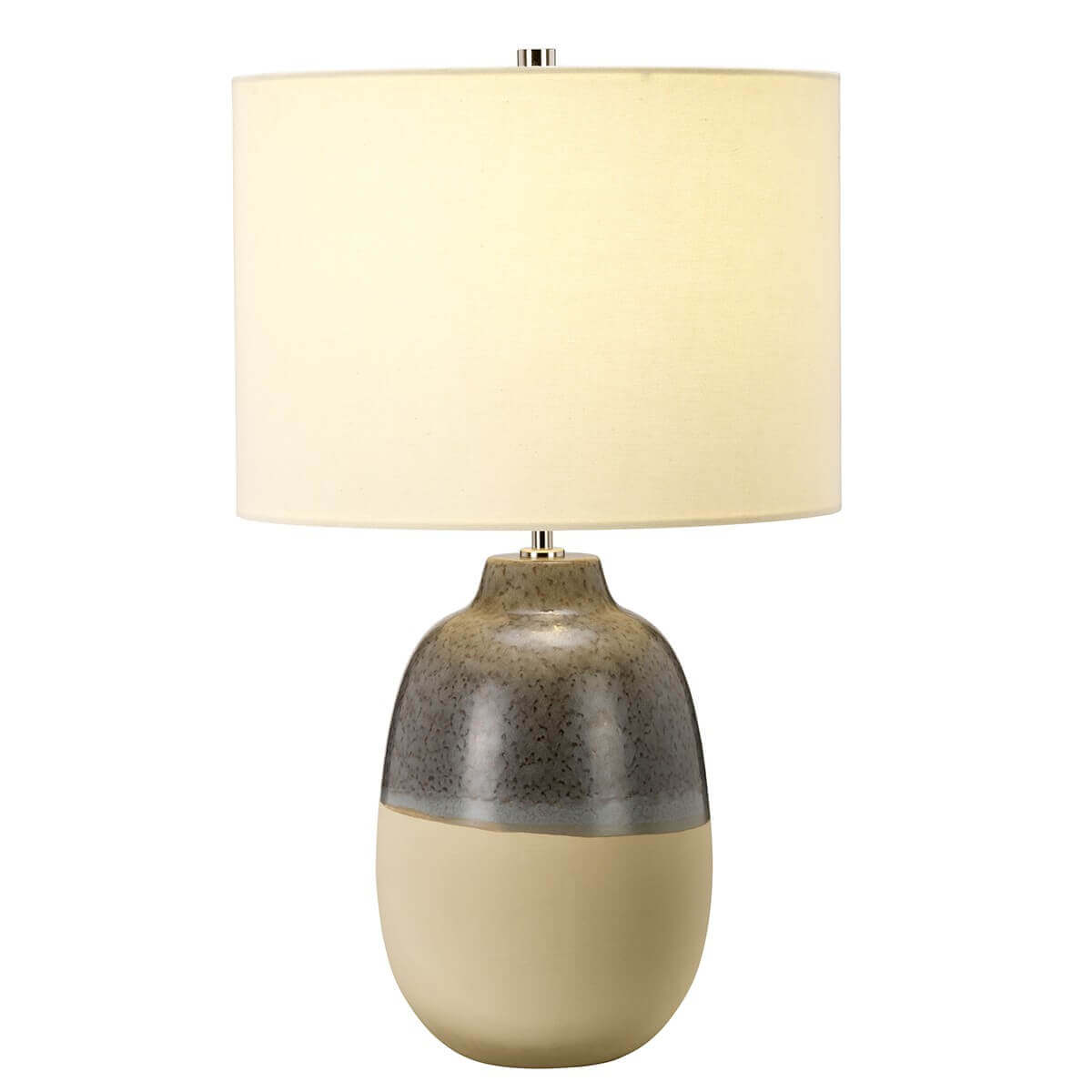 Lampe à poser en céramique bi-ton grise et beige, vue de face sur fond blanc