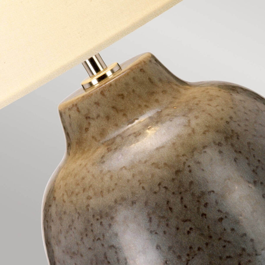 Gros plan sur le col en céramique émaillée et la bague métallique du luminaire