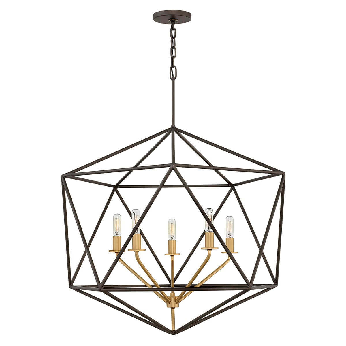 Suspension en métal bronze à cage géométrique et cinq lumières dorées