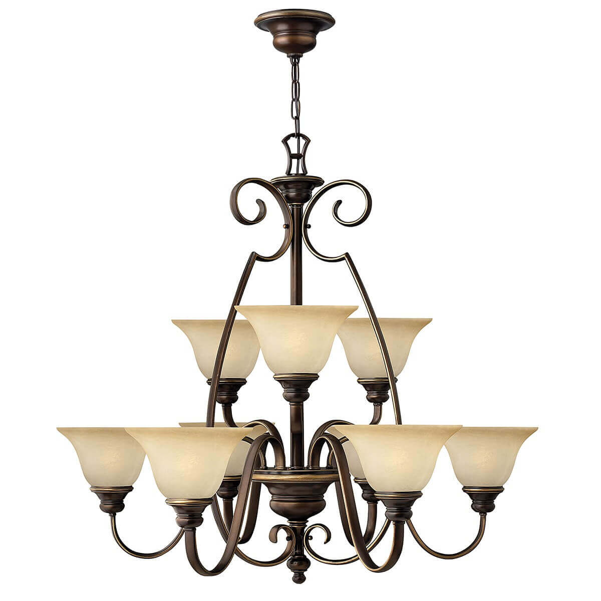 Lustre neuf lumières bronze et albâtre, vue de face sur fond blanc