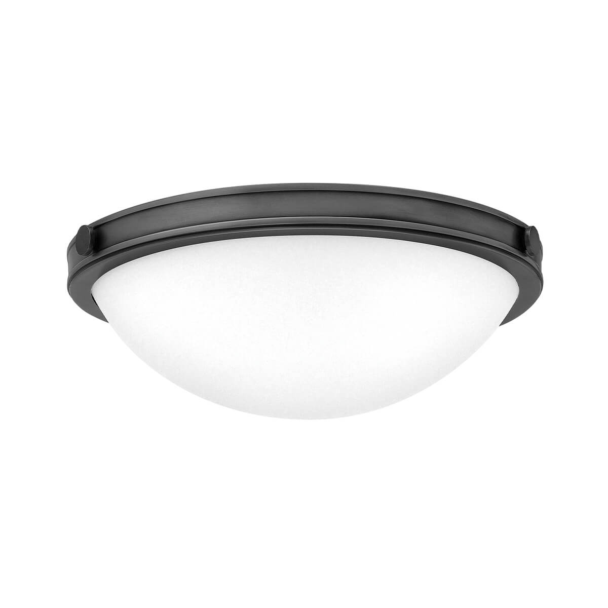 Plafonnier rond noir fixé au plafond avec diffuseur en verre blanc.