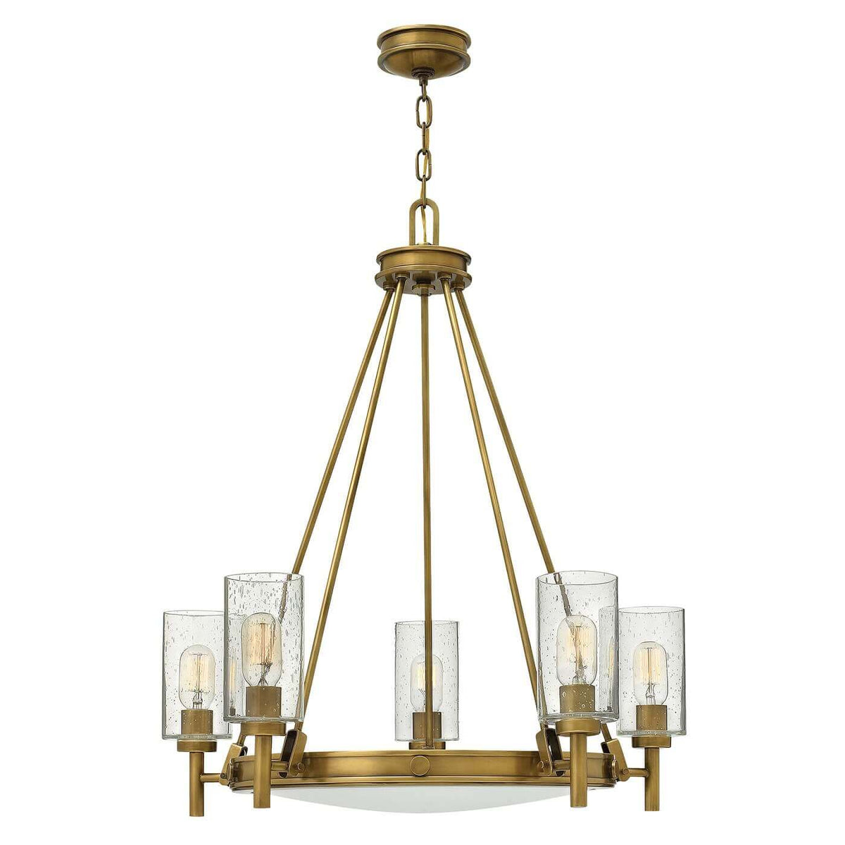 Lustre cinq lumières en laiton et verre soufflé, présenté de face sur fond blanc