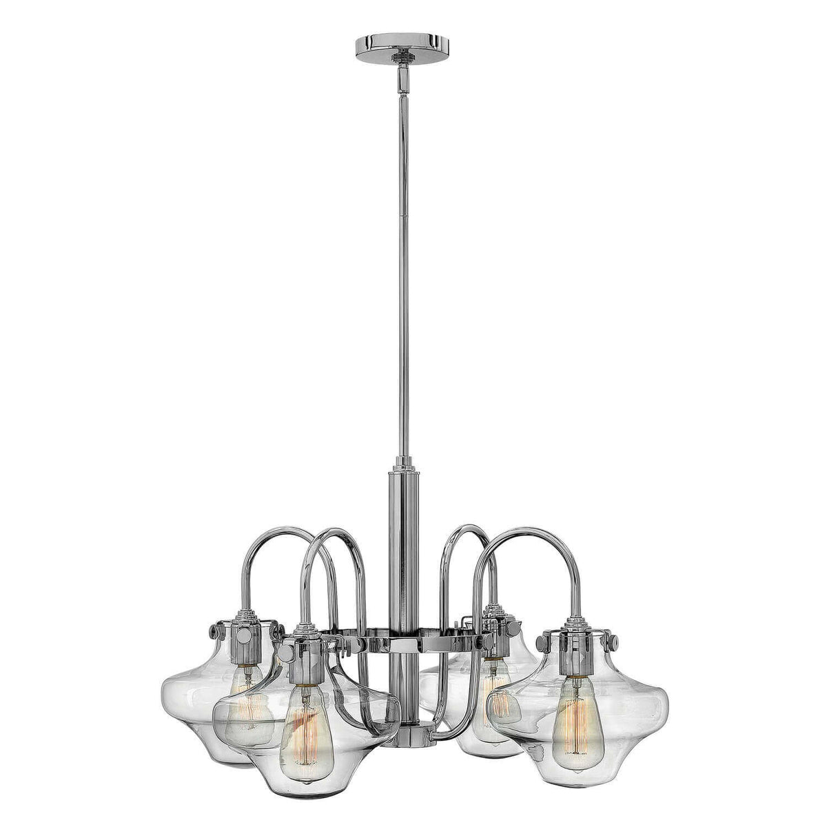 Lustre suspendu en chrome avec quatre diffuseurs en verre transparent et ampoules visibles.