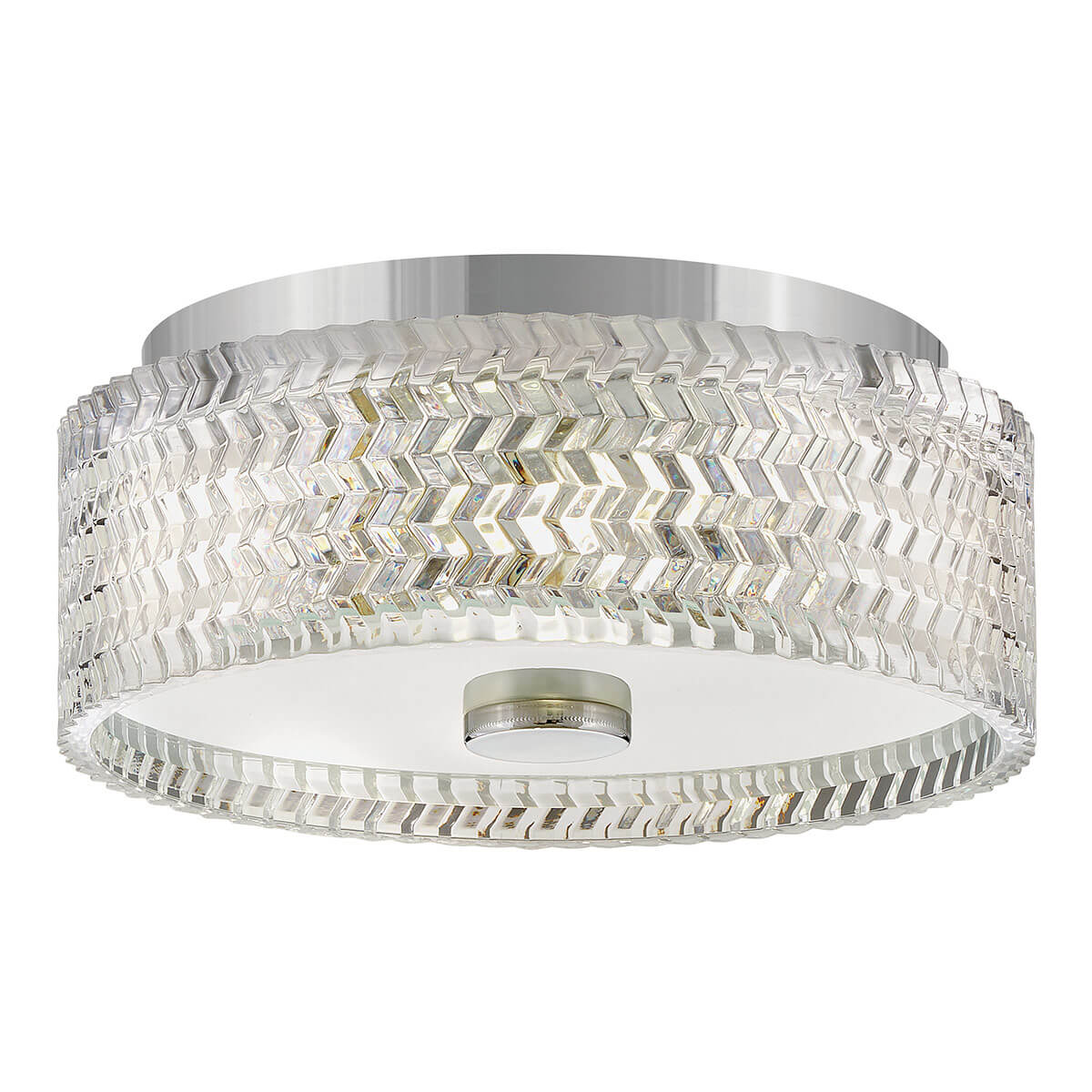 Plafonnier deux lumières vu de face, base chromée et abat-jour cylindrique en verre texturé