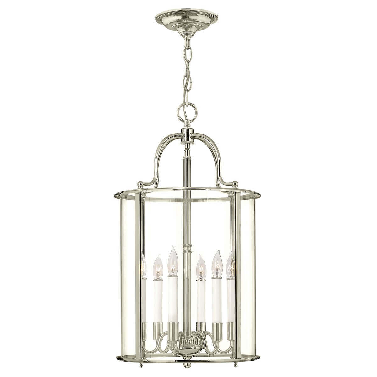Suspension six lumières en nickel poli et verre cylindrique transparent, vue de face