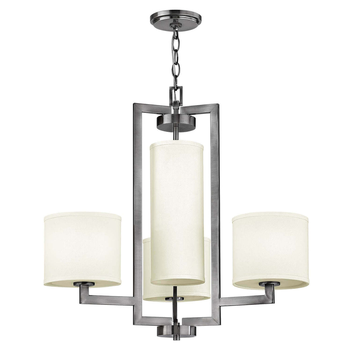 Lustre suspendu avec cadre rectangulaire en nickel et abat-jours cylindriques en lin