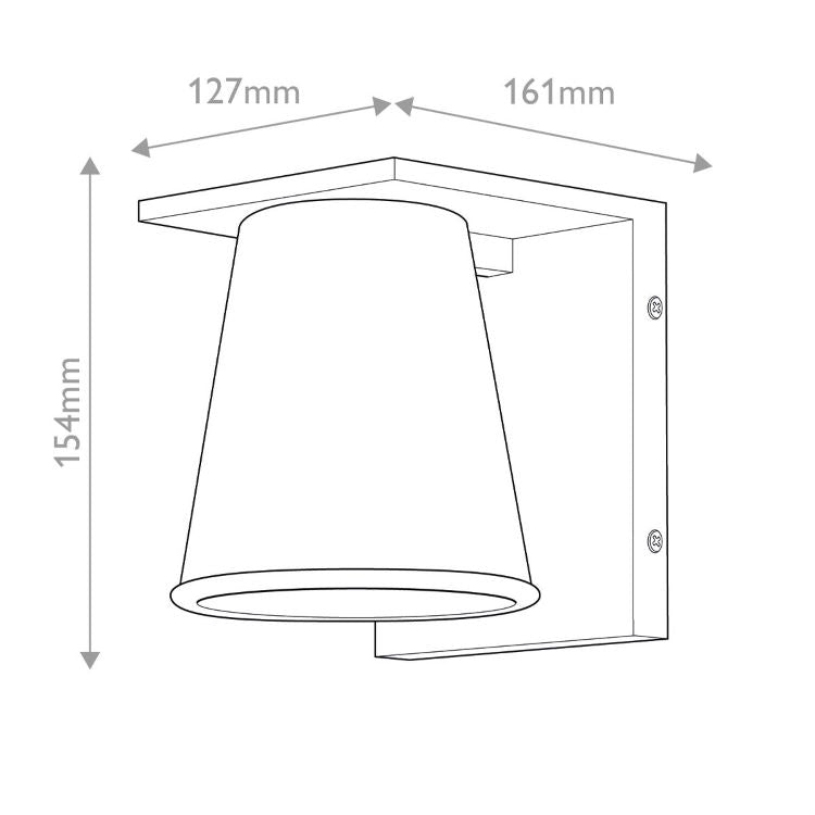 Schéma coté du luminaire avec dimensions 127, 161 et 154 millimètres
