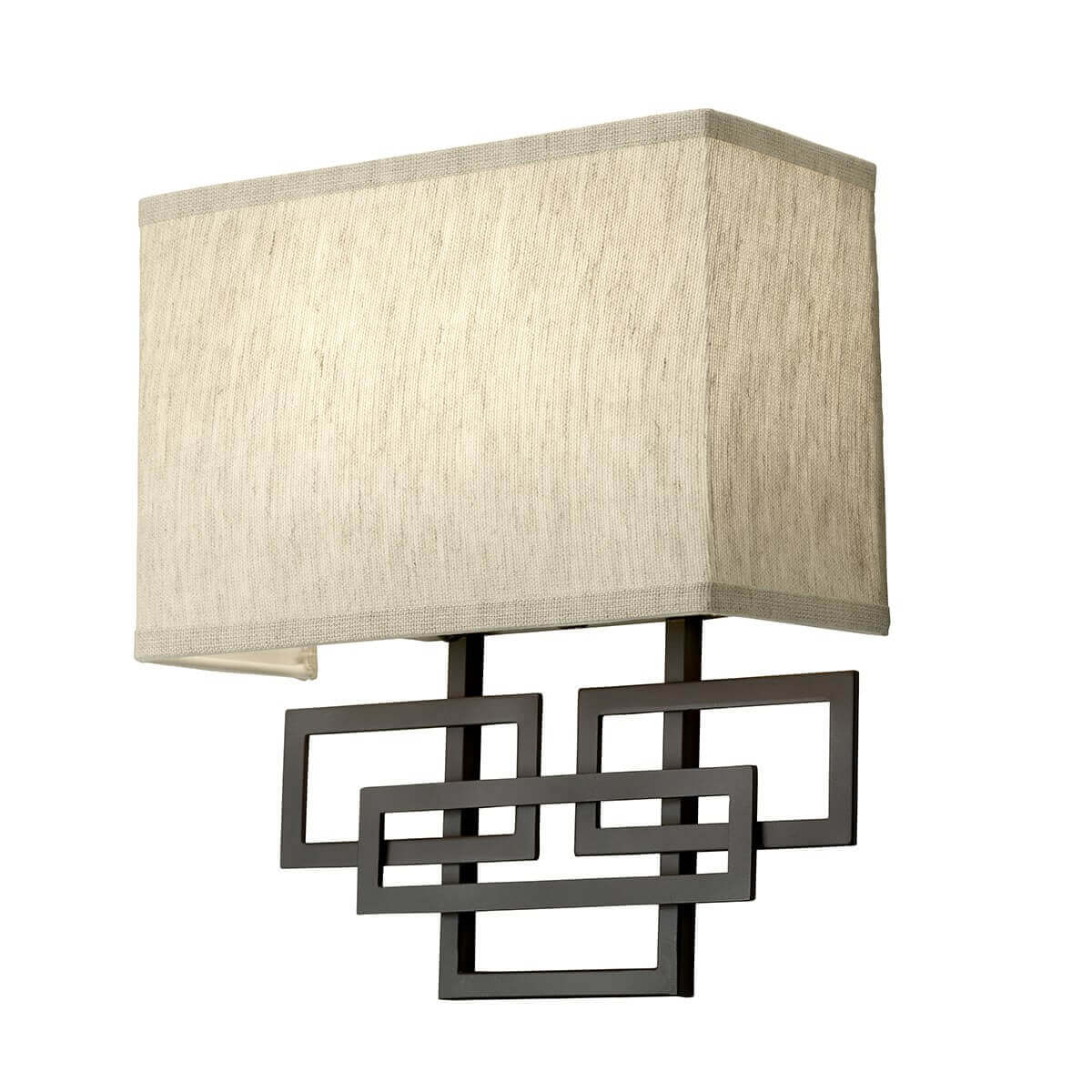 Vue de face de l'applique murale avec abat-jour en tissu beige et structure bronze