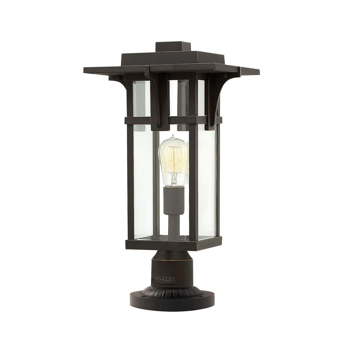 Lampadaire extérieur complet de face, monture bronze foncé et verre transparent