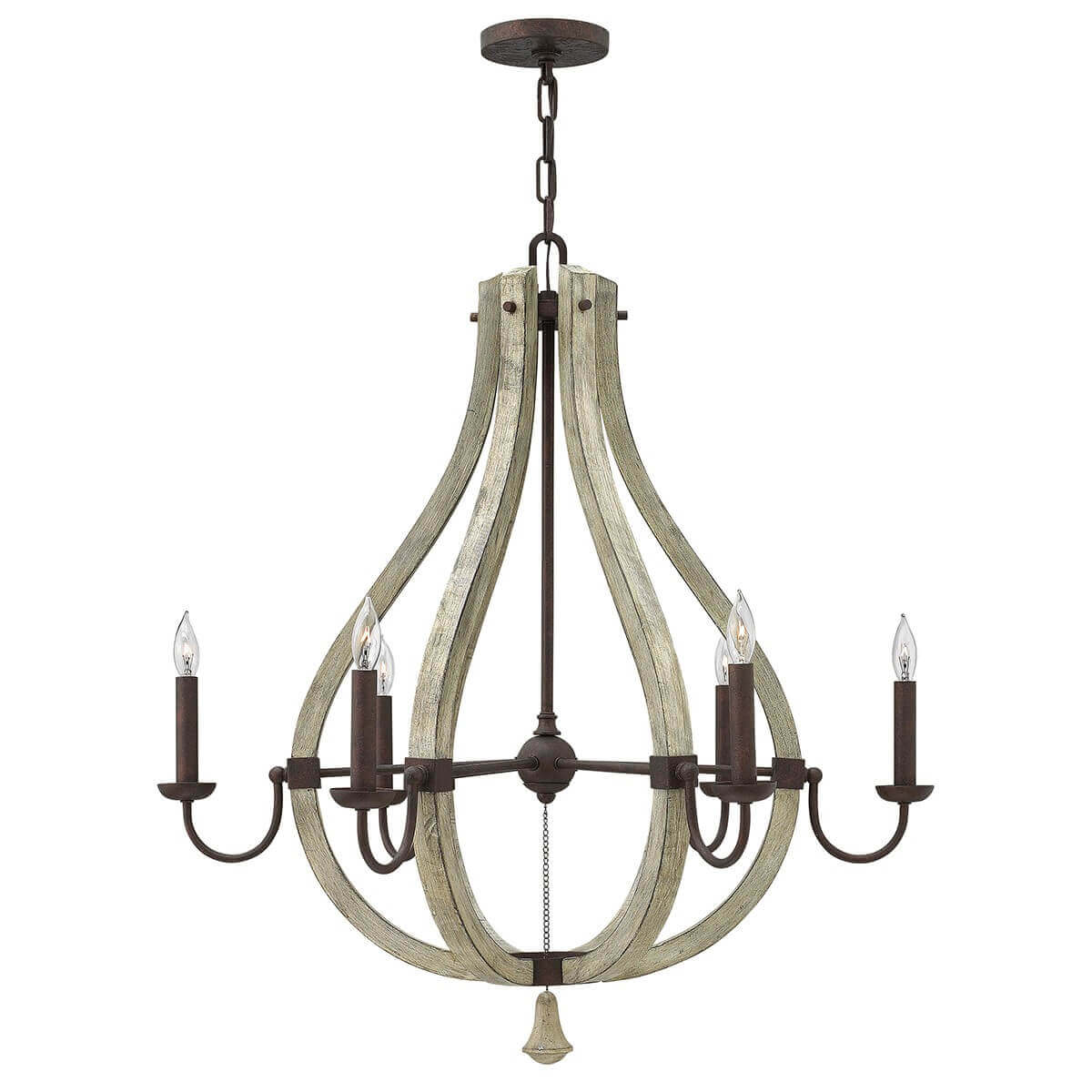 Lustre six lumières de face, bois vieilli et métal rouille suspendu par chaîne