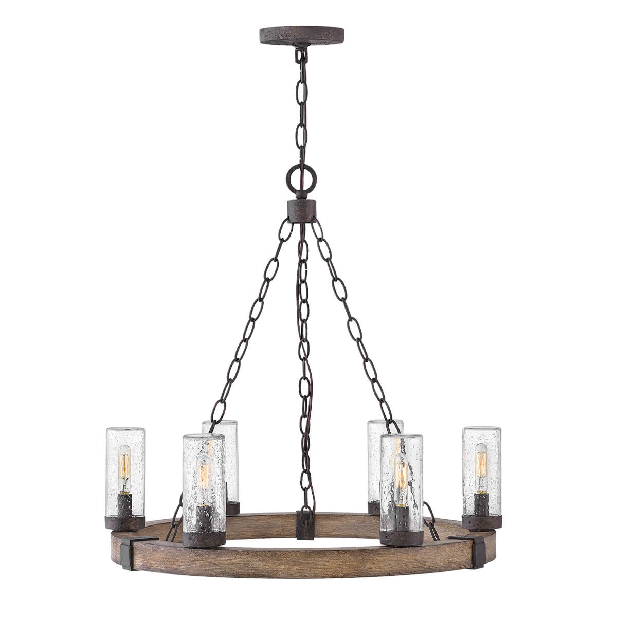 Vue de face du luminaire suspendu avec anneau en bois et six diffuseurs en verre.
