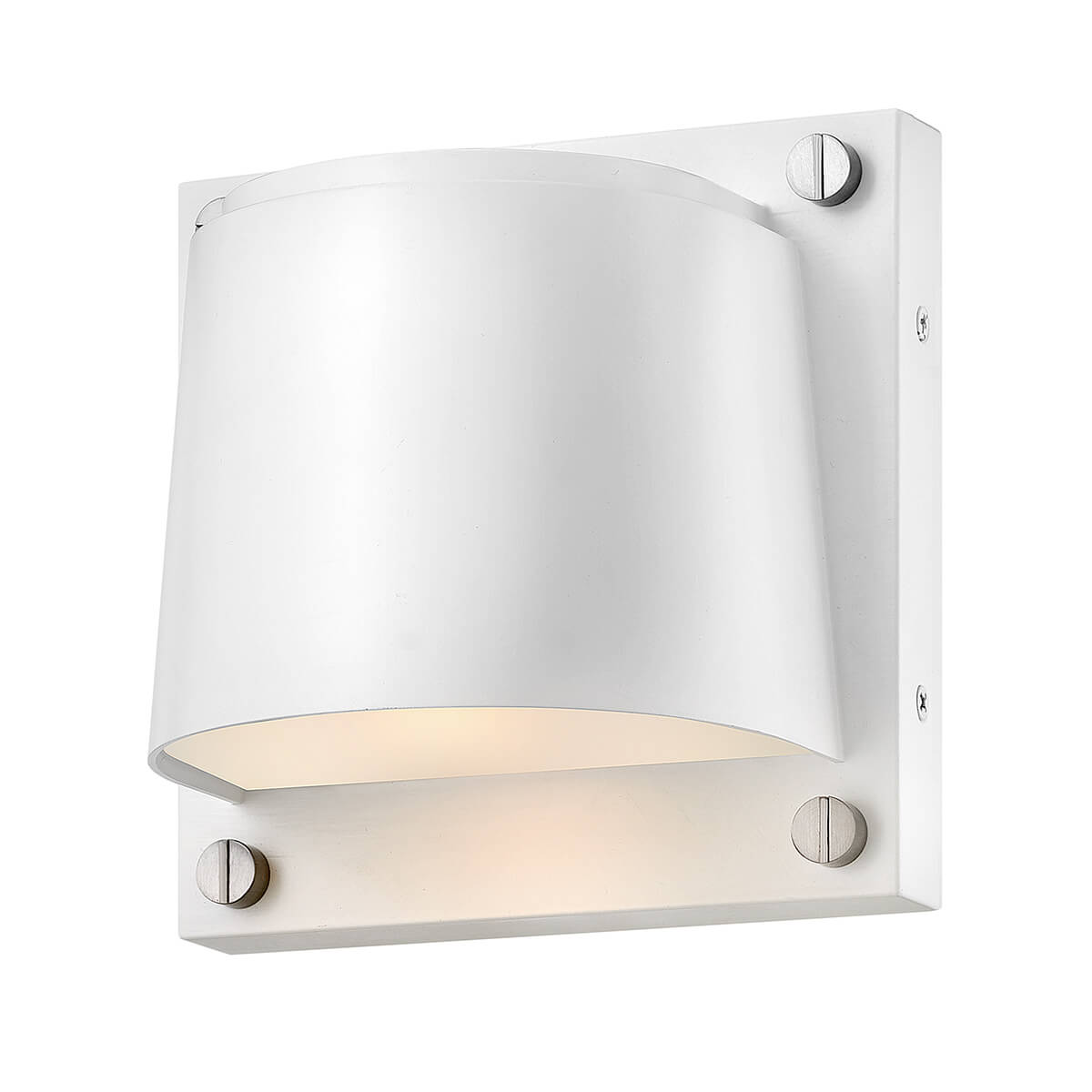 Applique murale blanche de face sur fond blanc, diffuseur incurvé et quatre vis apparentes