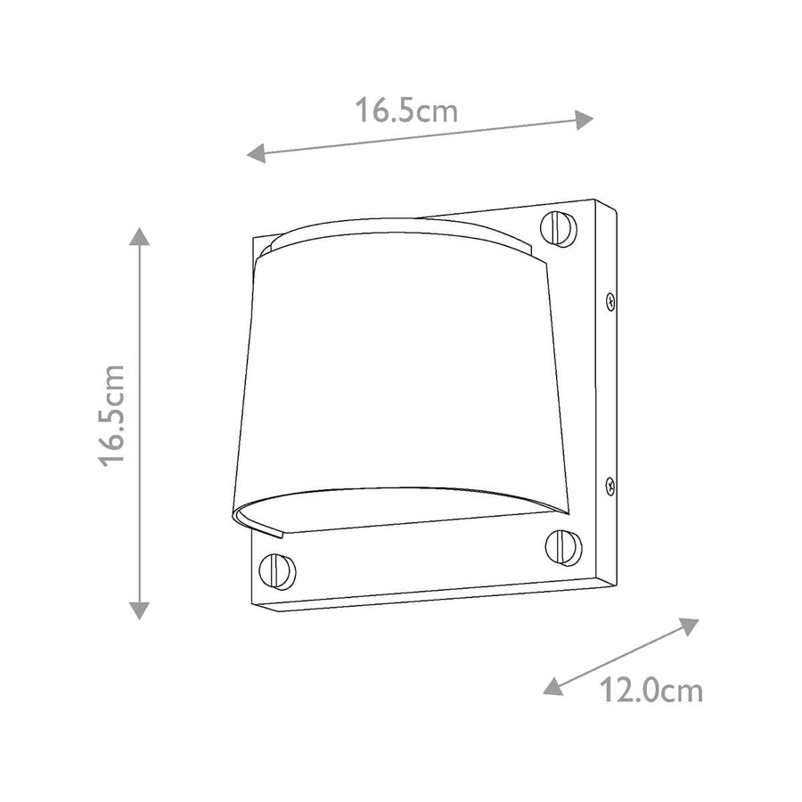 Schéma de dimensions indiquant une largeur et hauteur de 16,5 cm et 12 cm de profondeur