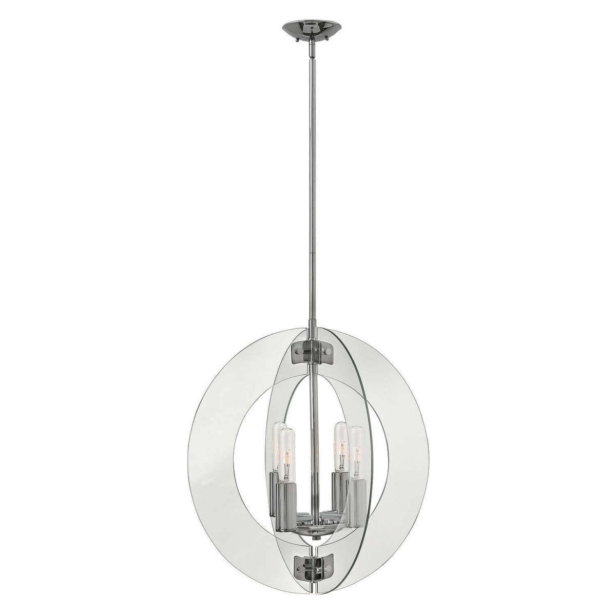 Lustre chromé vu de face avec ses deux grands cercles et quatre ampoules.