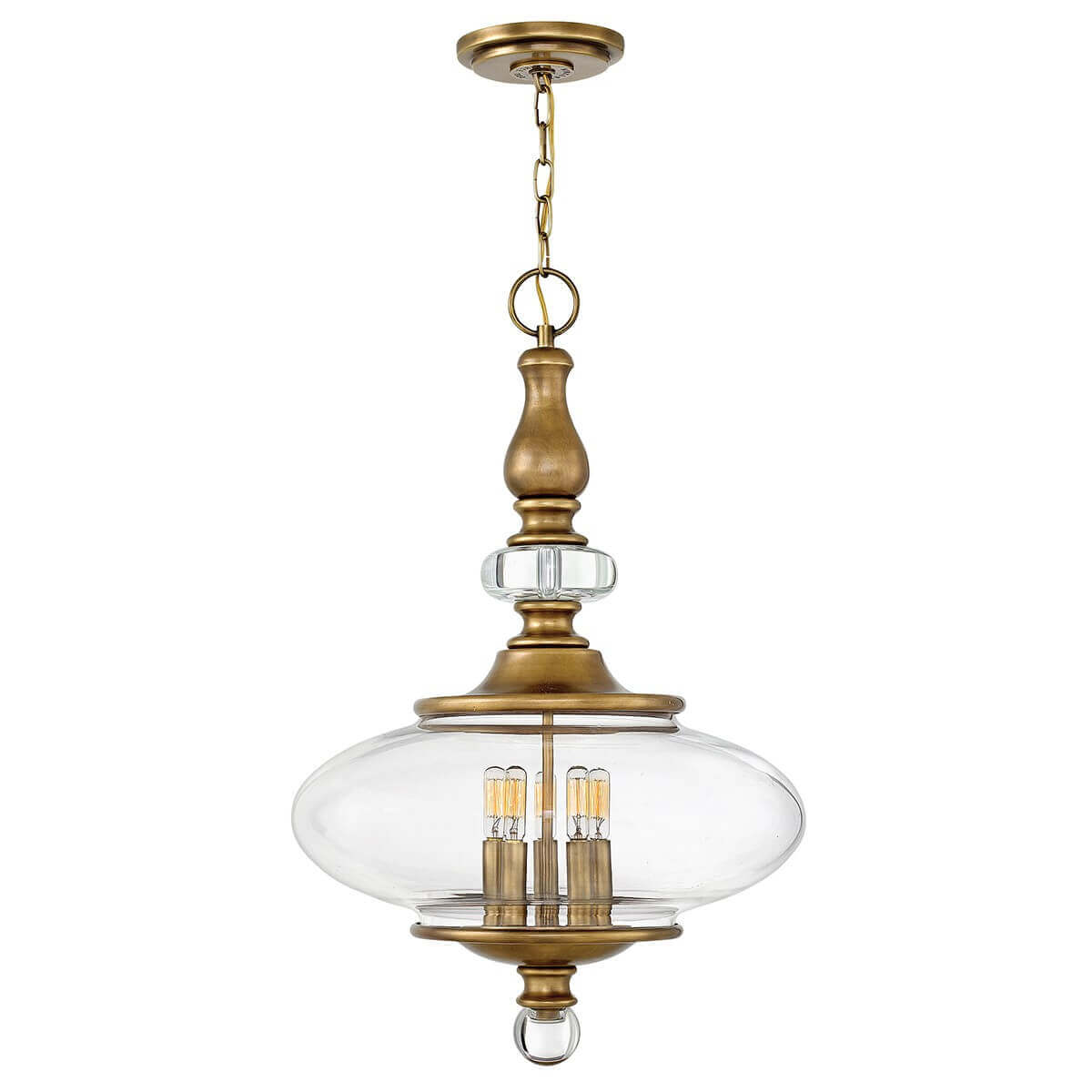 Vue de face du luminaire avec sa chaîne et son abat-jour en verre ovale