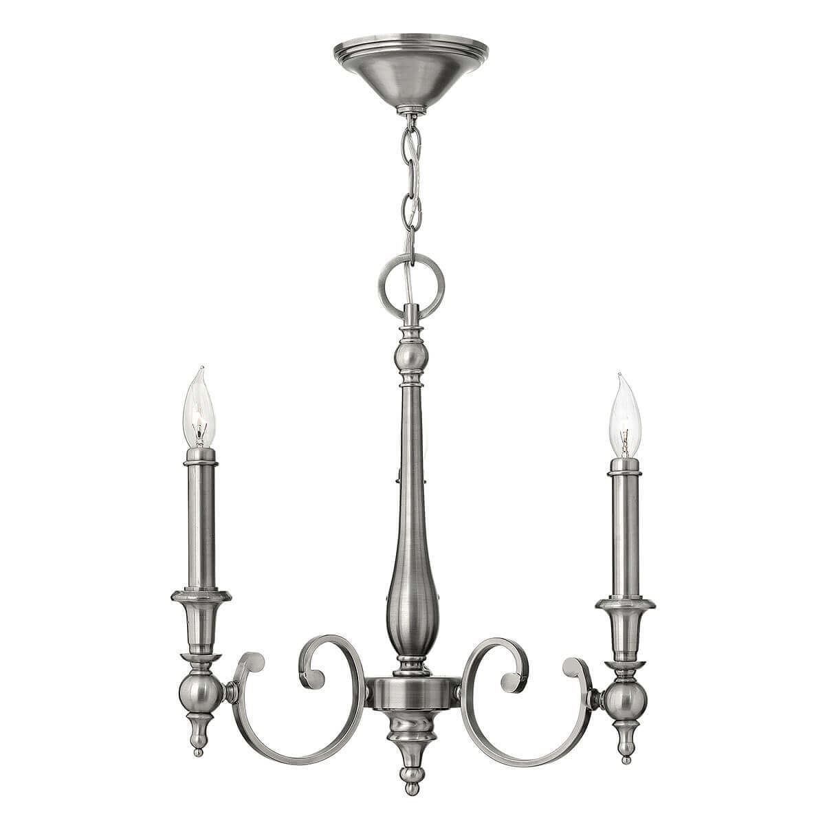 Lustre trois lumières en nickel brossé avec bras recourbés, vu de face