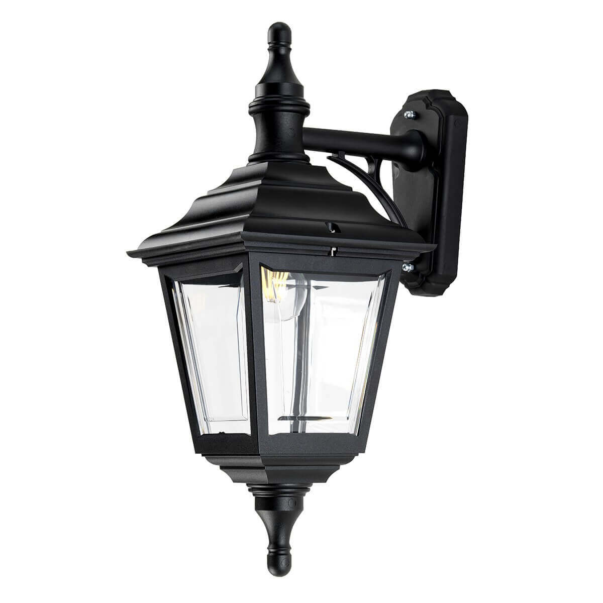 Vue de trois quarts du luminaire mural noir avec ampoule et verre transparent