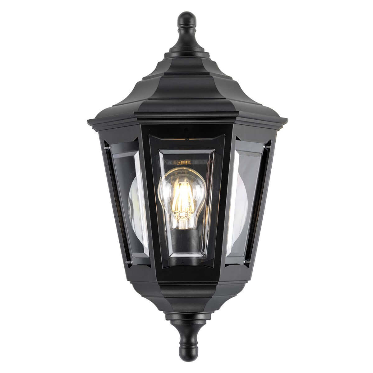 Plafonnier extérieur noir de face, verre transparent et ampoule allumée