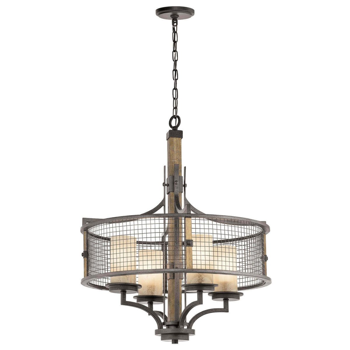 Vue d'ensemble du lustre suspendu à quatre lumières, structure cylindrique en bois et métal grillagé