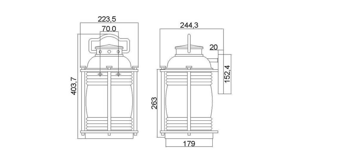 Schéma coté du luminaire avec dimensions en millimètres et profil de fixation.