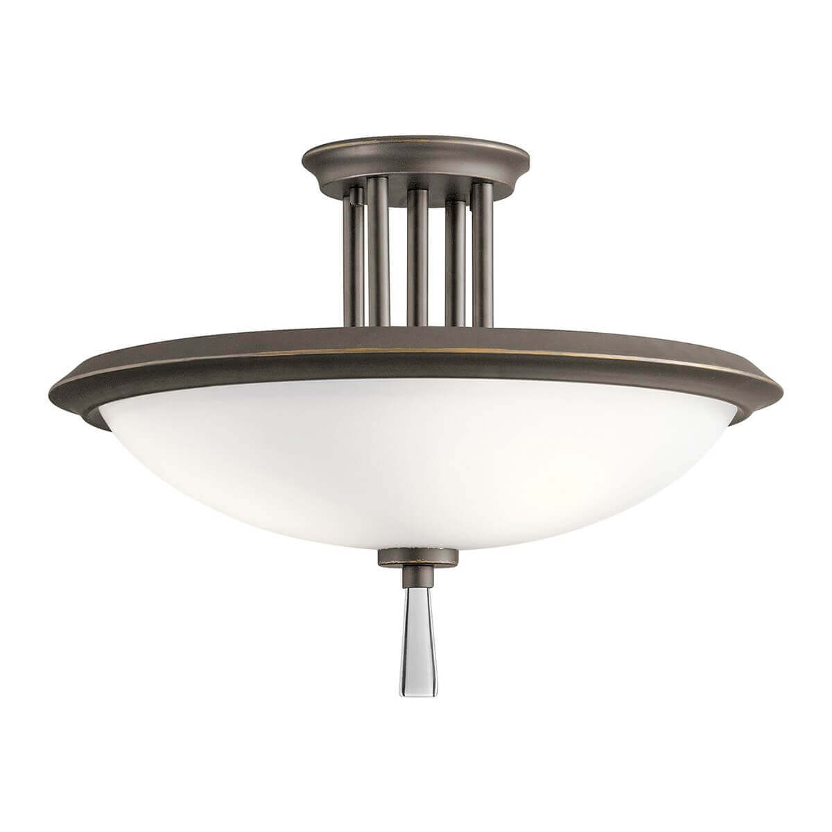Plafonnier trois lumières en bronze avec vasque en verre opalin et tirette cristal