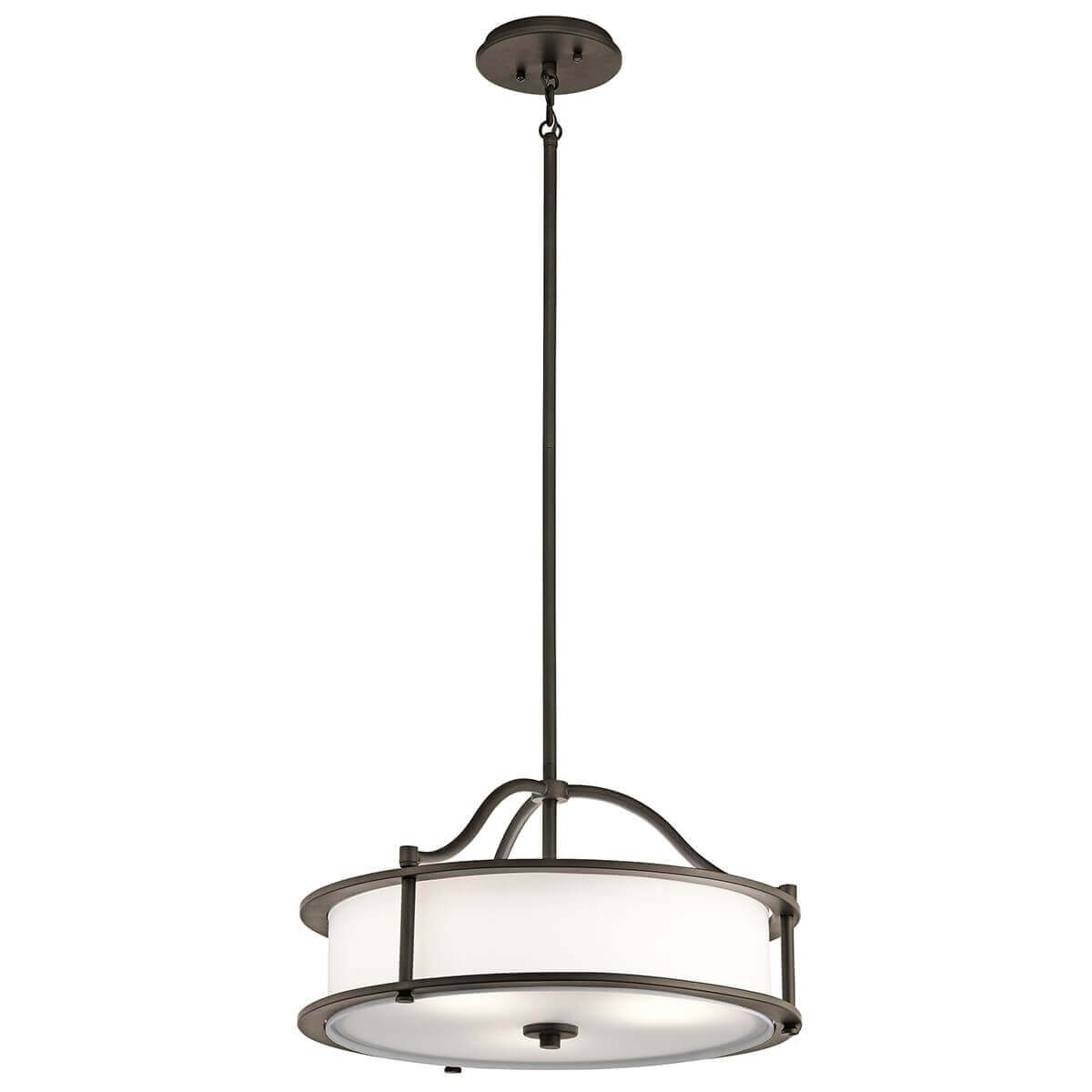 Vue de face de la suspension ronde en métal bronze avec diffuseur blanc