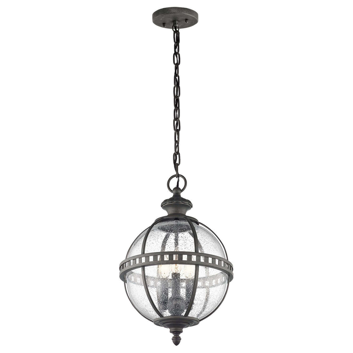 Suspension extérieure sur chaîne, lanterne boule en verre grénelé et métal foncé, vue de face