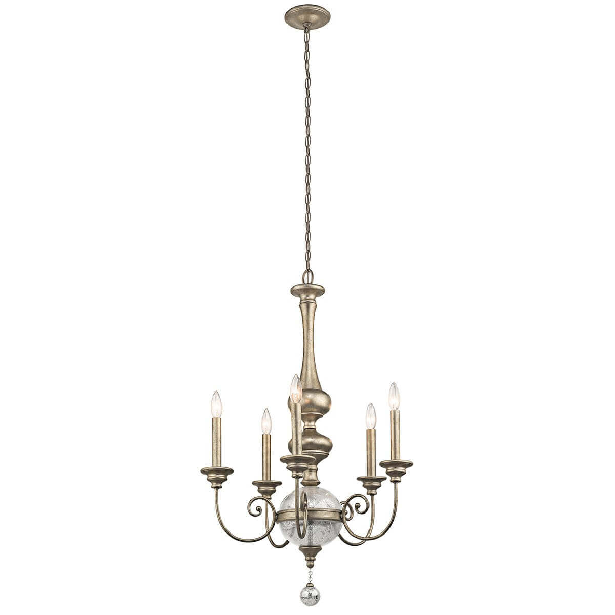 Lustre doré cinq lumières vu de face sur fond blanc, chaîne et sphère centrale