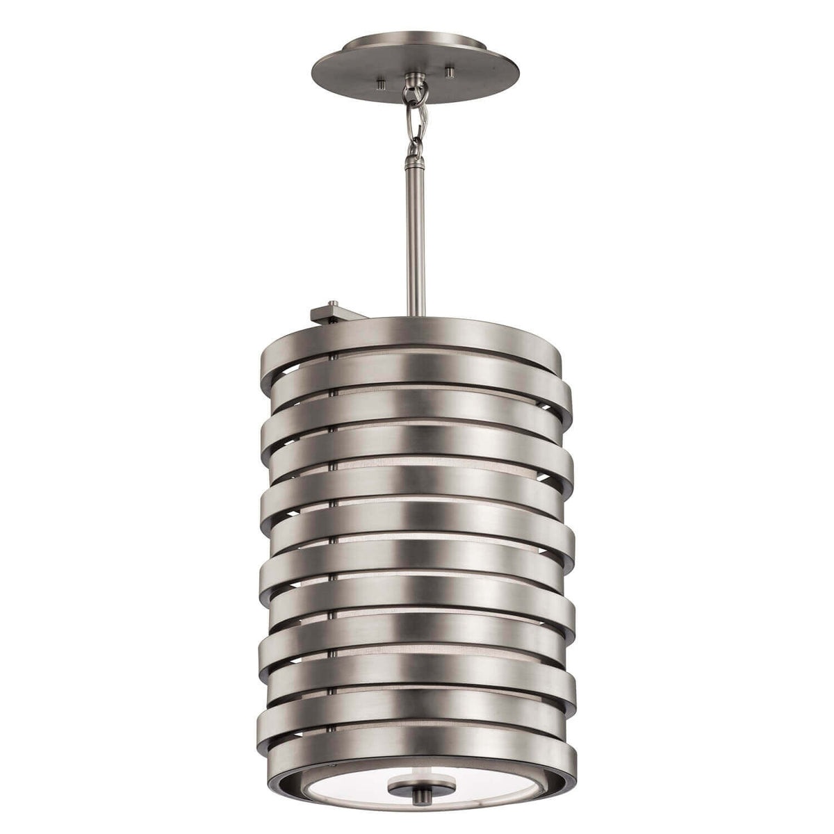 Suspension cylindrique à bandes métalliques horizontales, vue produit de face sur fond blanc