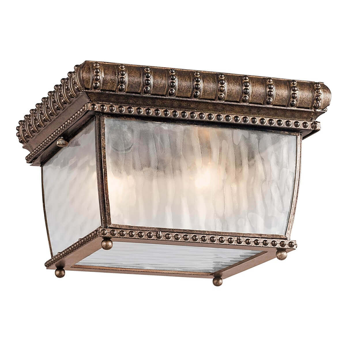 Plafonnier extérieur bronze vu de trois quarts, verre martelé et monture ornée de perles