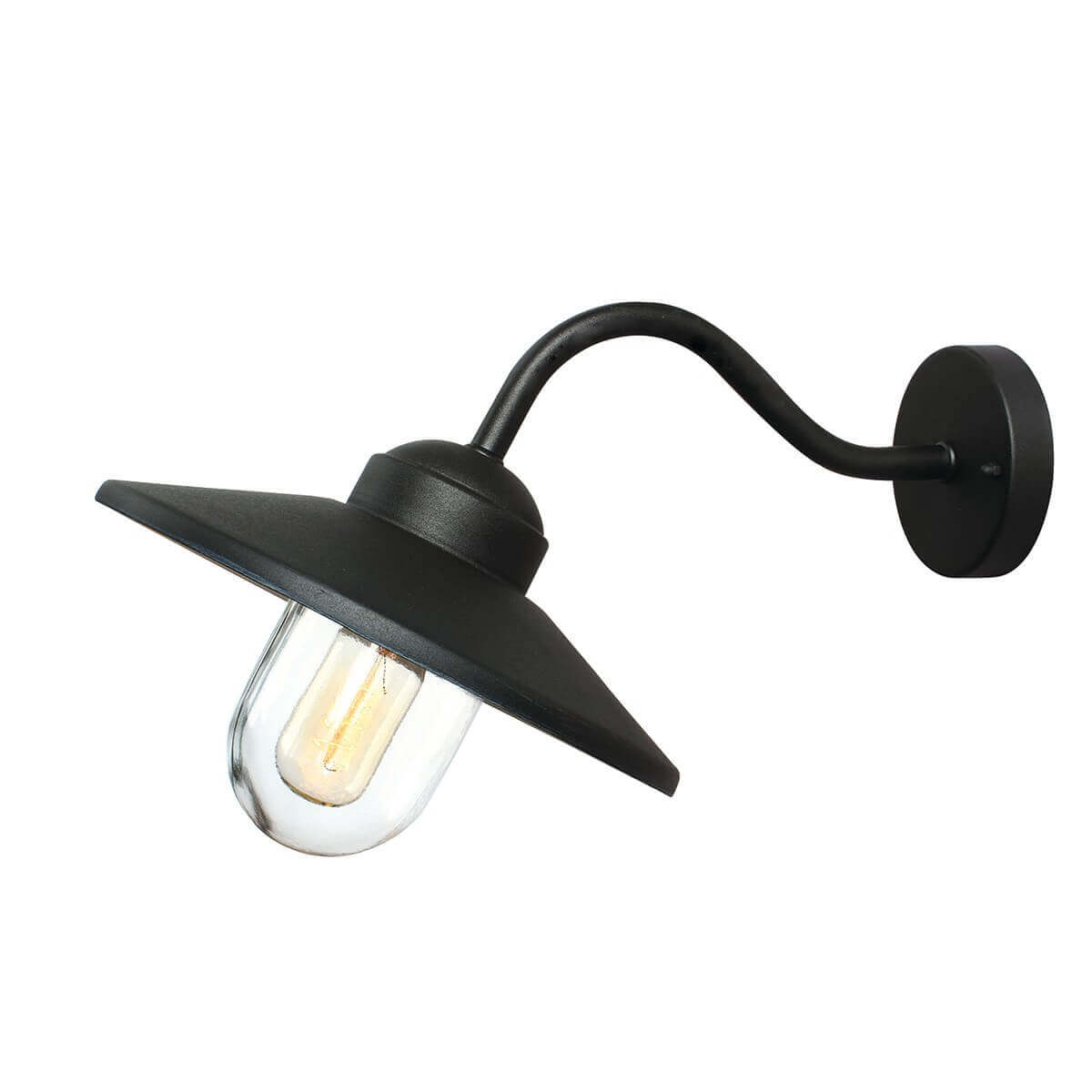 Applique extérieure noire vue de profil, bras courbé et diffuseur en verre transparent