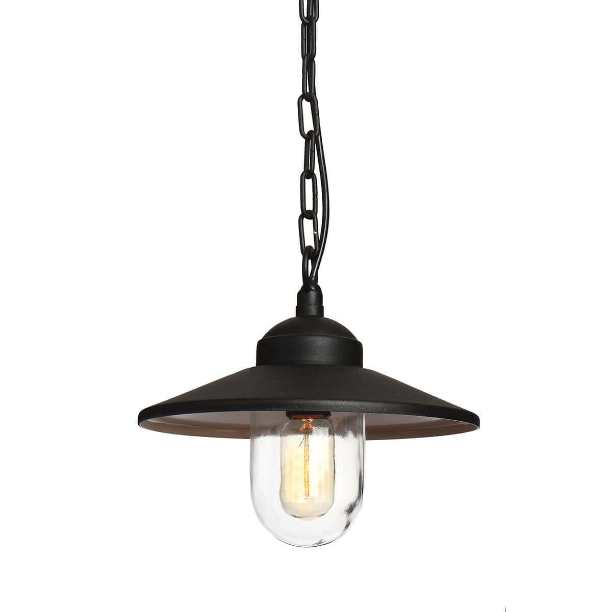 Vue de face du luminaire suspendu noir avec abat-jour large et ampoule.