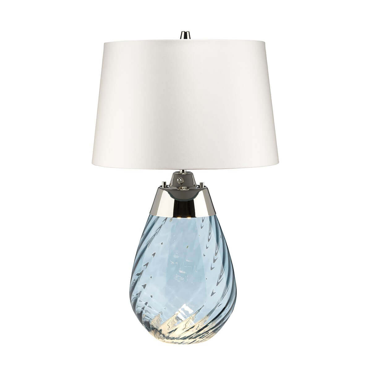 Lampe à poser de face, abat-jour blanc et base en verre bleu