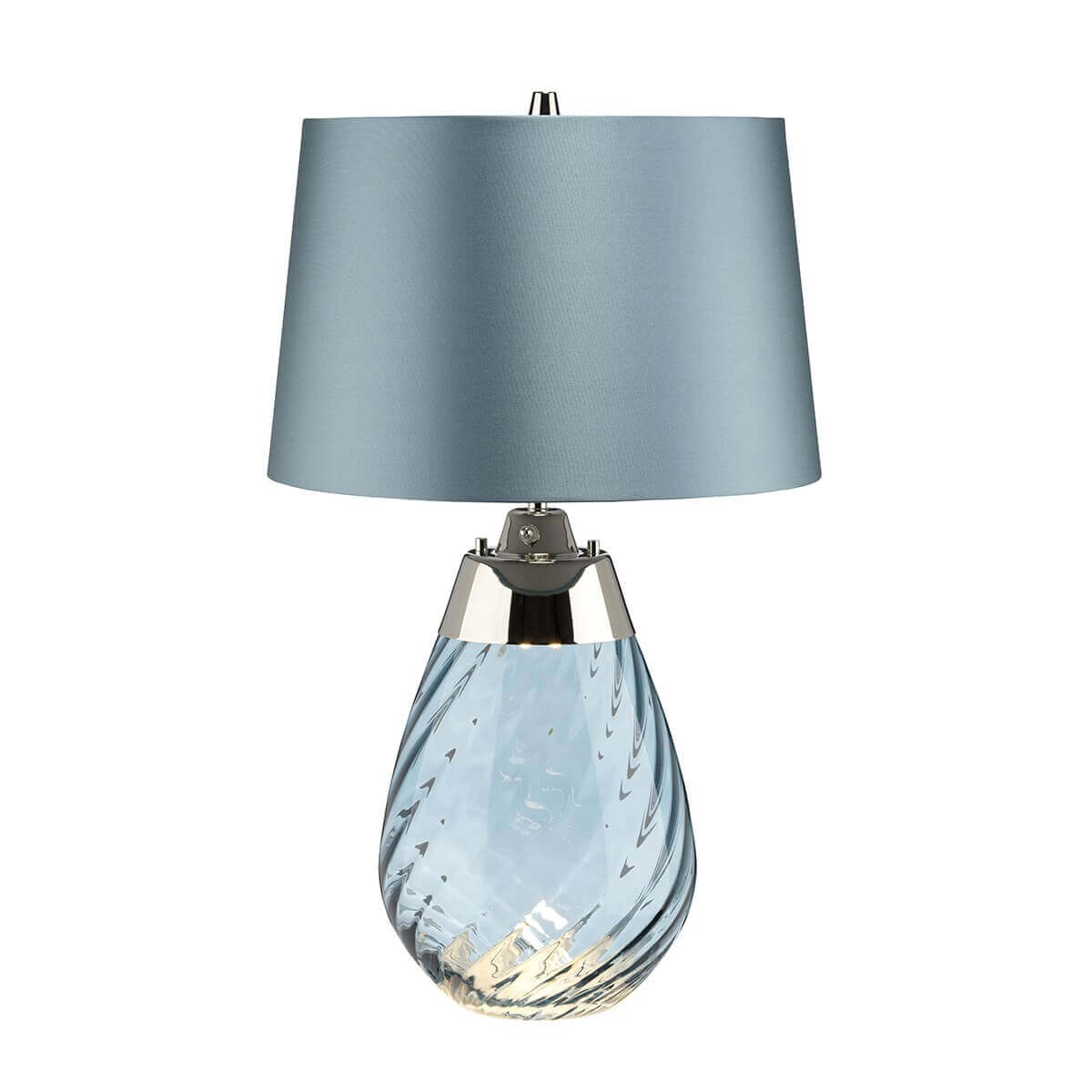 Lampe à poser de face, abat-jour bleu et base en verre goutte