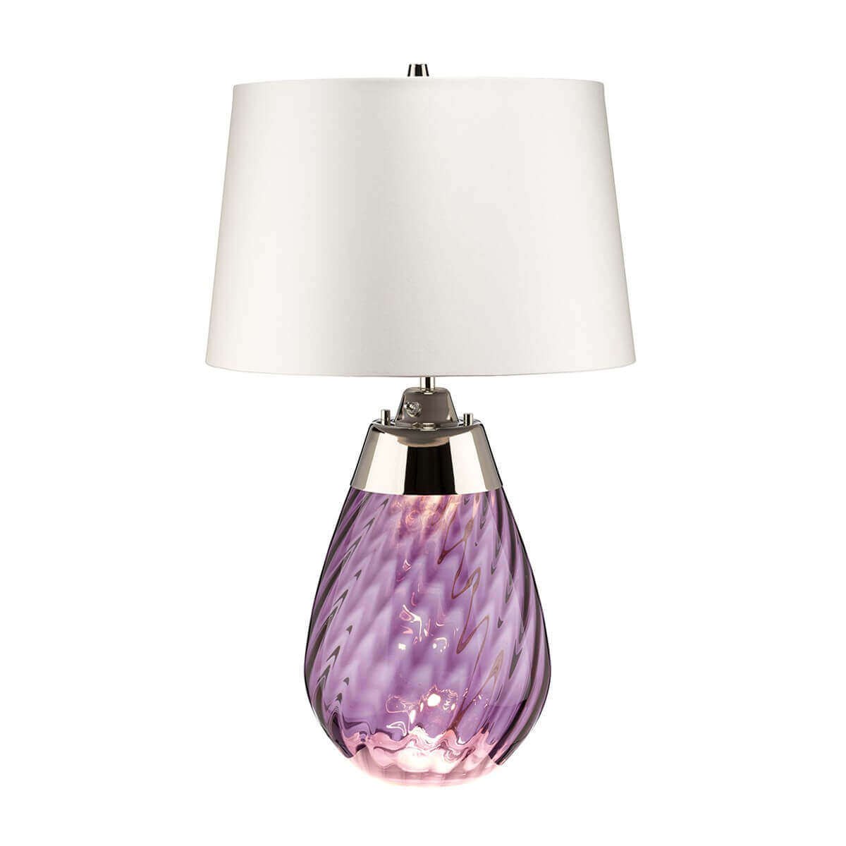 Lampe à poser de face, abat-jour blanc et base en verre violet translucide