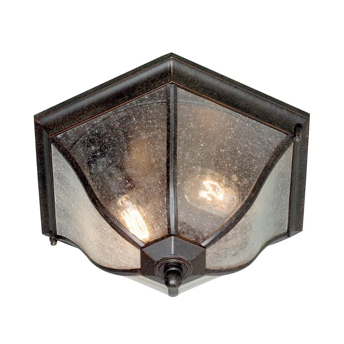 Vue de face du plafonnier hexagonal en bronze avec verre moucheté et deux ampoules allumées