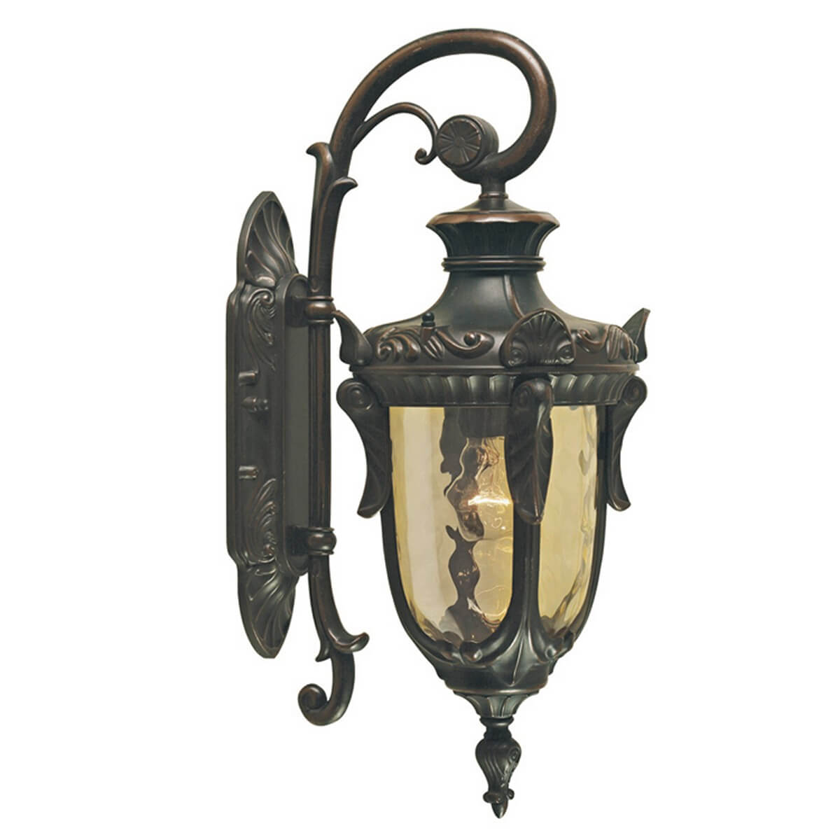 Applique murale en bronze orné, bras recourbé et verre bombé, vue de profil sur fond blanc