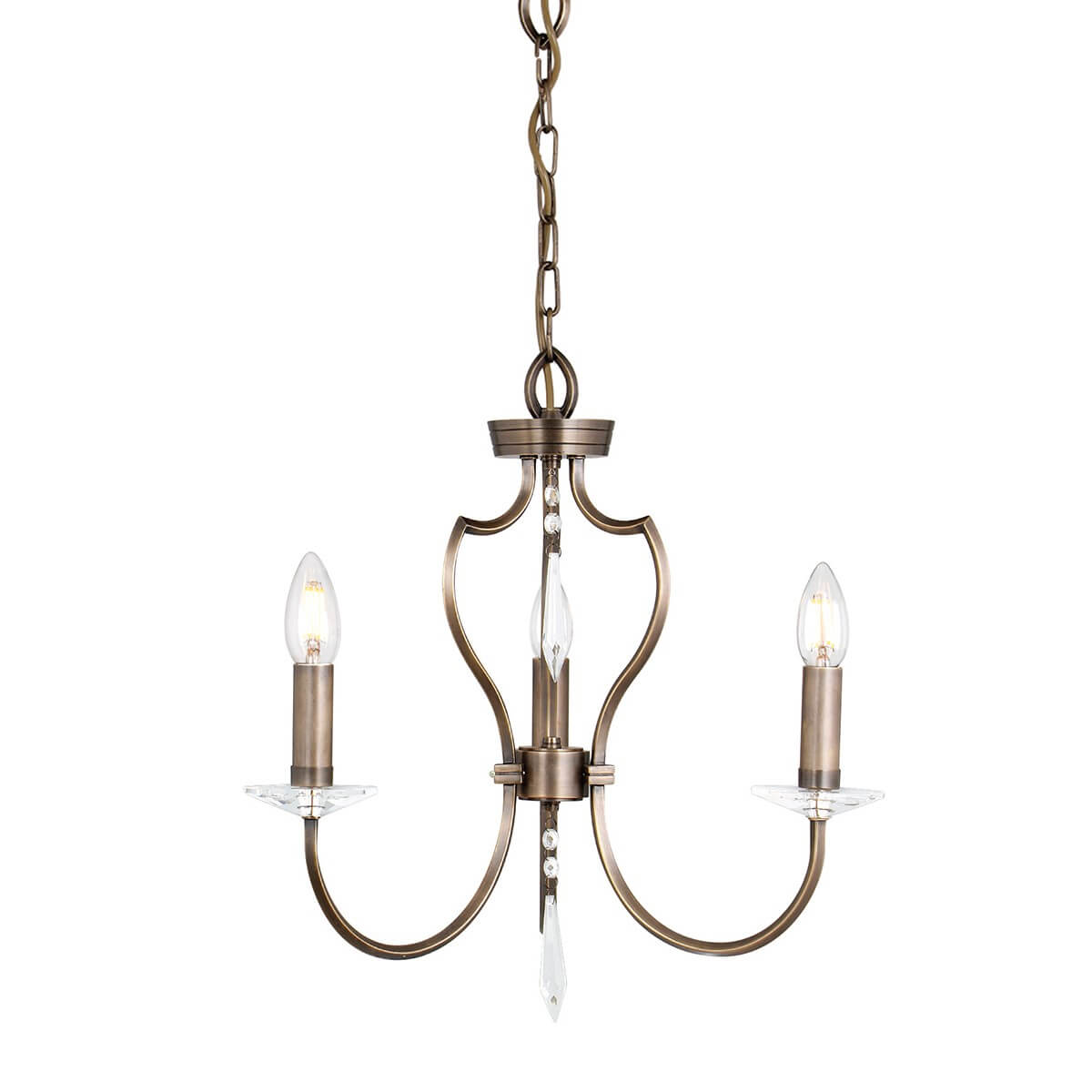 Lustre trois lumières en bronze avec bras courbes et gouttes de cristal, vue de face