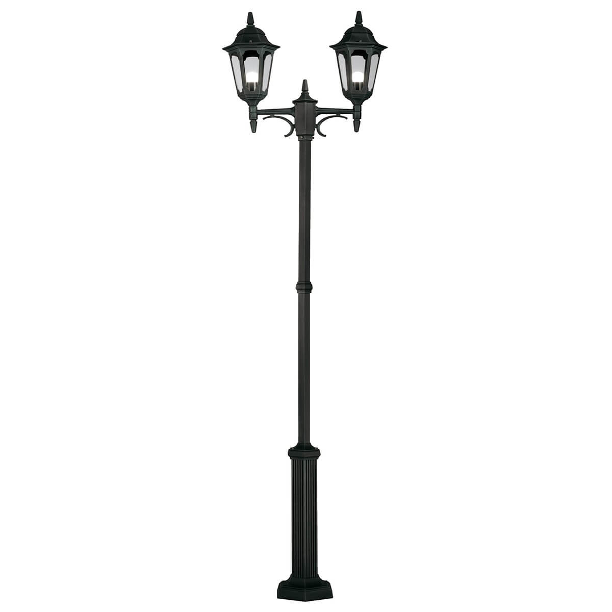 Lampadaire extérieur noir à deux lanternes en verre, vue de face sur fond blanc.
