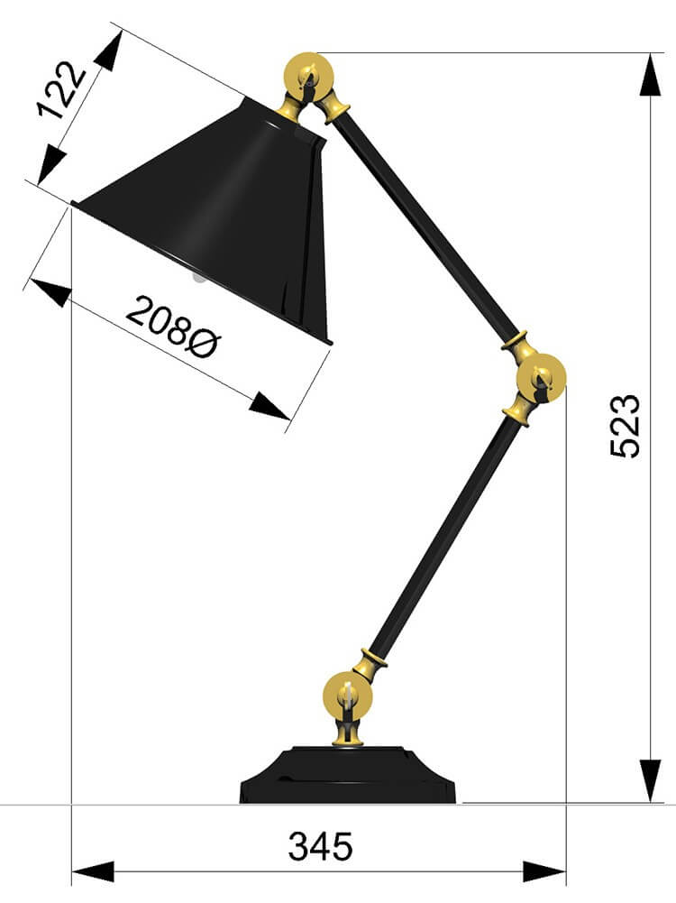 Schéma coté du luminaire en version noire et dorée, avec hauteur, largeur et diamètre.