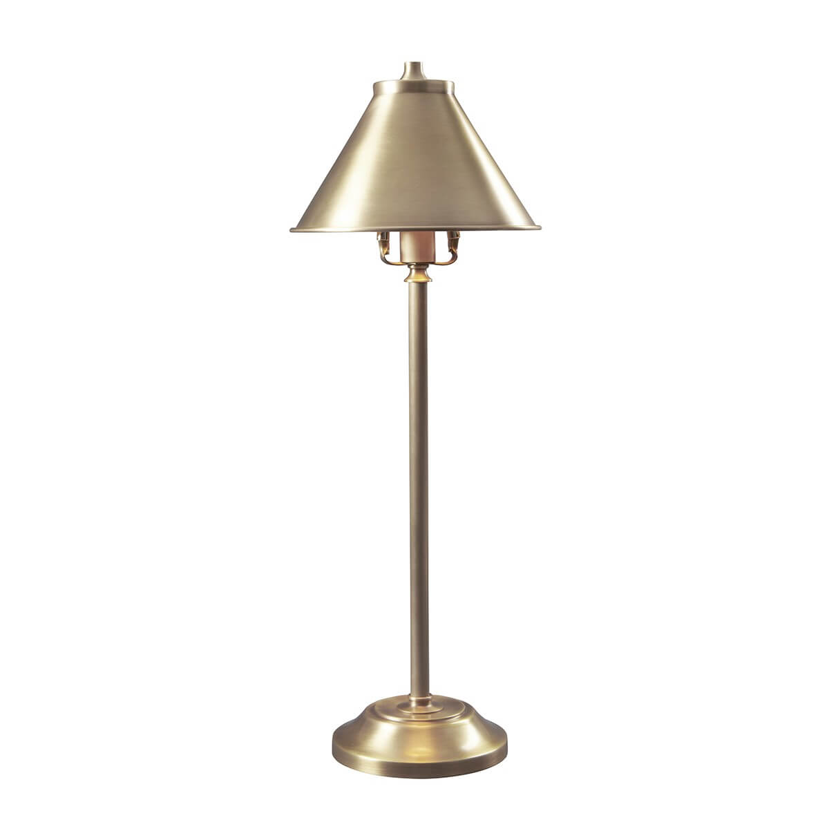 Lampe à poser en laiton vieilli avec abat-jour conique, vue de face sur fond blanc