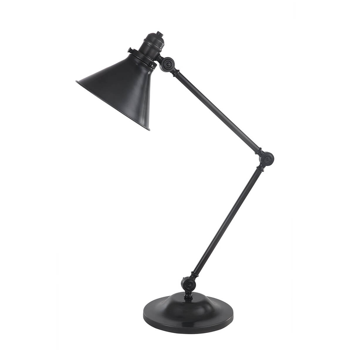 Lampe à poser articulée vue de trois quarts, abat-jour conique noir et base ronde