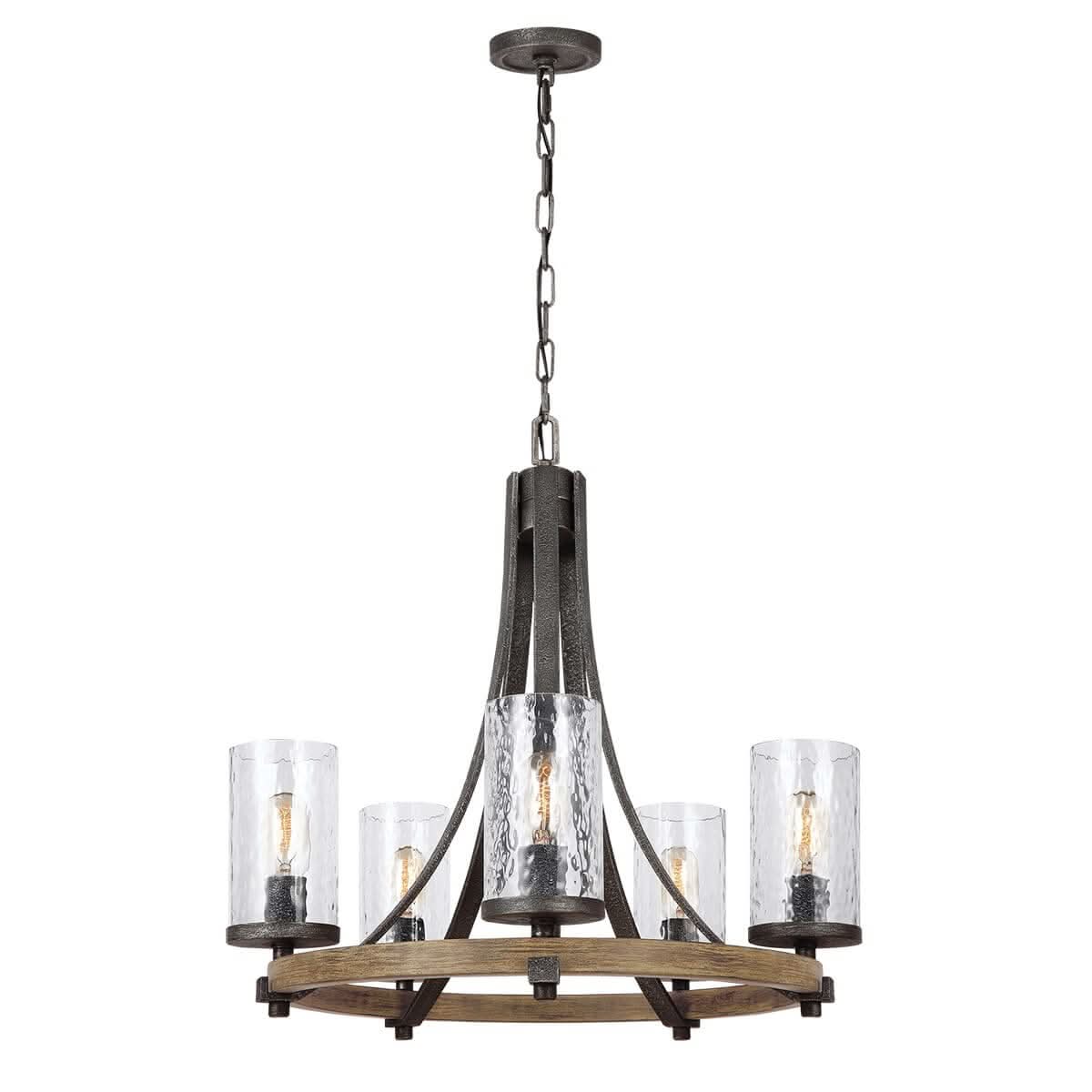Vue d'ensemble du lustre suspendu à cinq lumières, cercle en bois et bras métalliques gris
