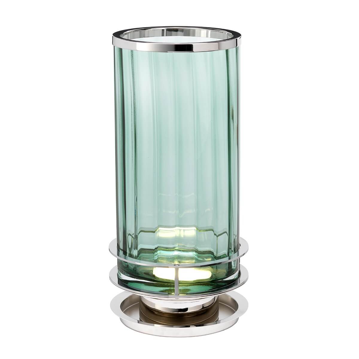Lampe à poser en verre vert cannelé et nickel poli, vue de face sur fond blanc.