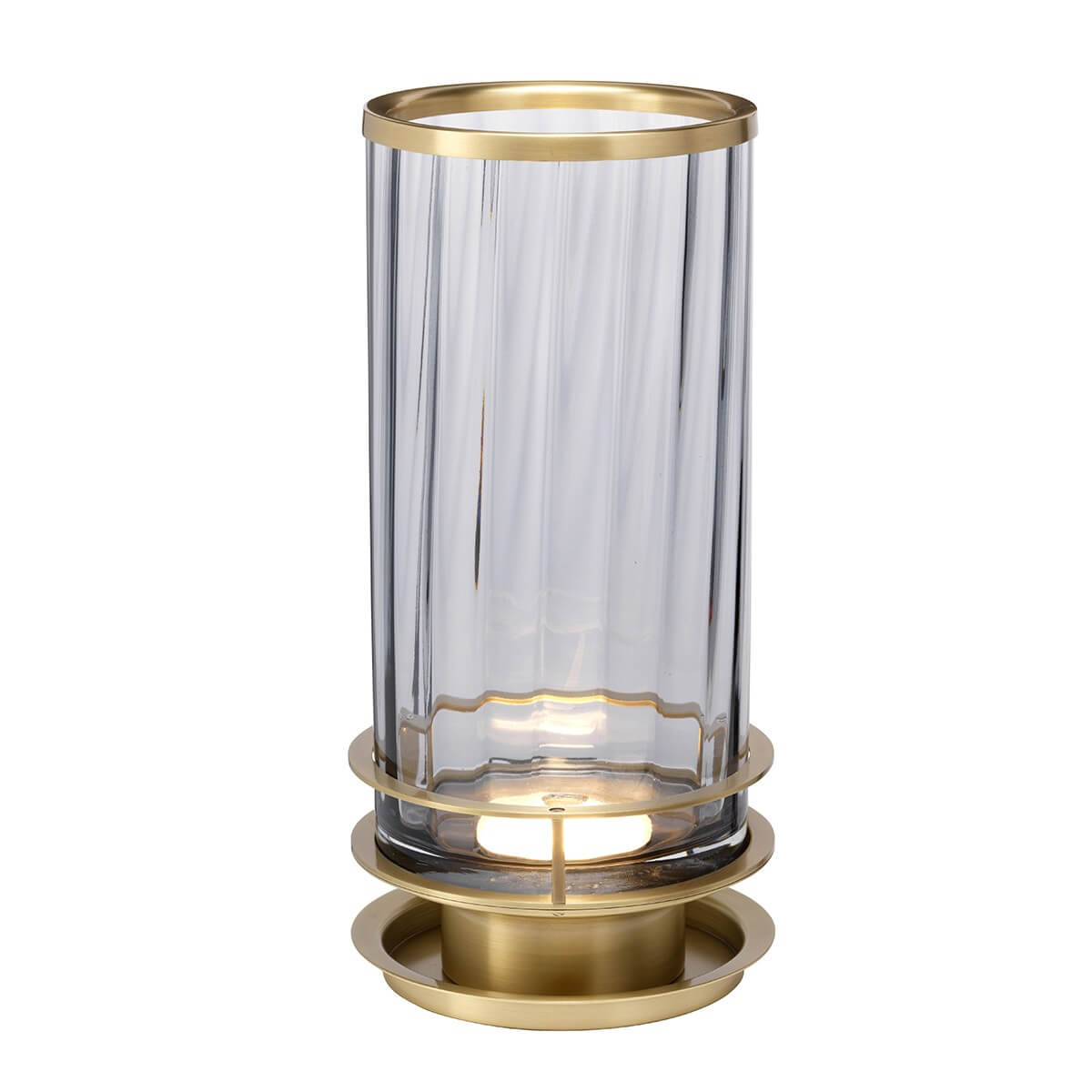 Lampe à poser de face, cylindre en verre fumé sur socle en laiton