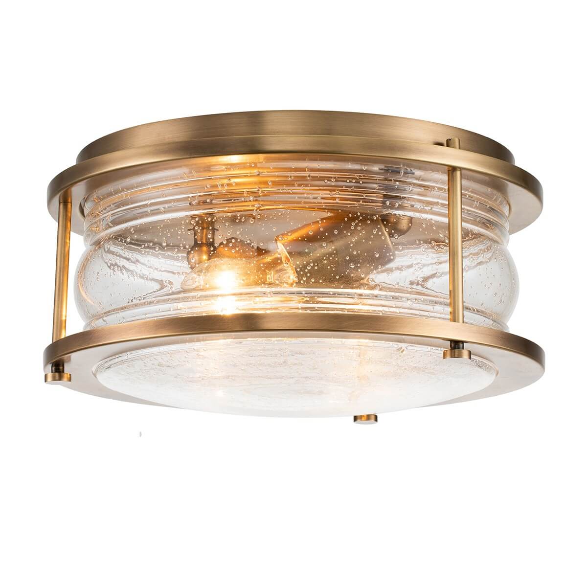 Plafonnier rond en laiton brossé et verre bullé, vue de face sur fond blanc