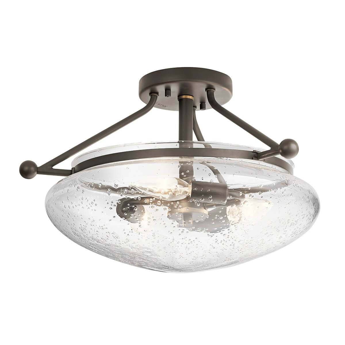 Plafonnier trois lumières vu de face avec vasque en verre clair et structure bronze