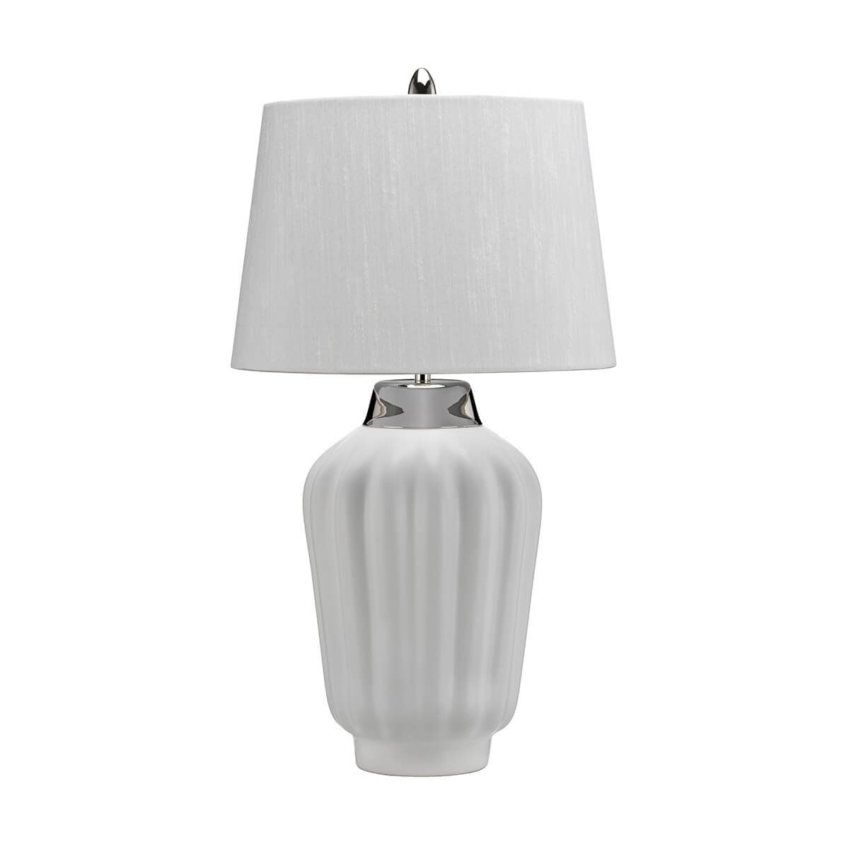 Lampe à poser de face, base céramique blanche côtelée et abat-jour conique blanc